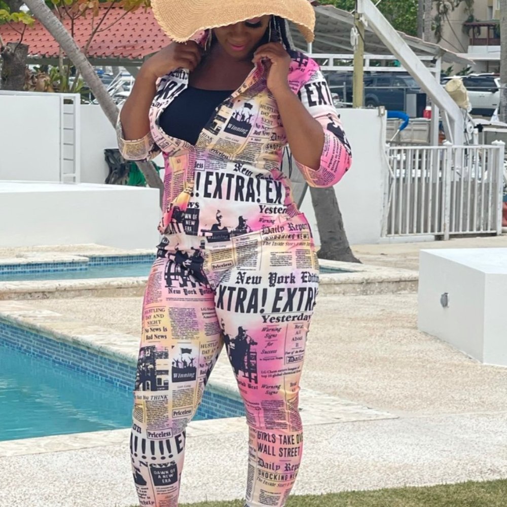 Two Piece Outfits for Party Night Summer Newspaper Print Shirt Bodycon Pants - Picture 1 of 2